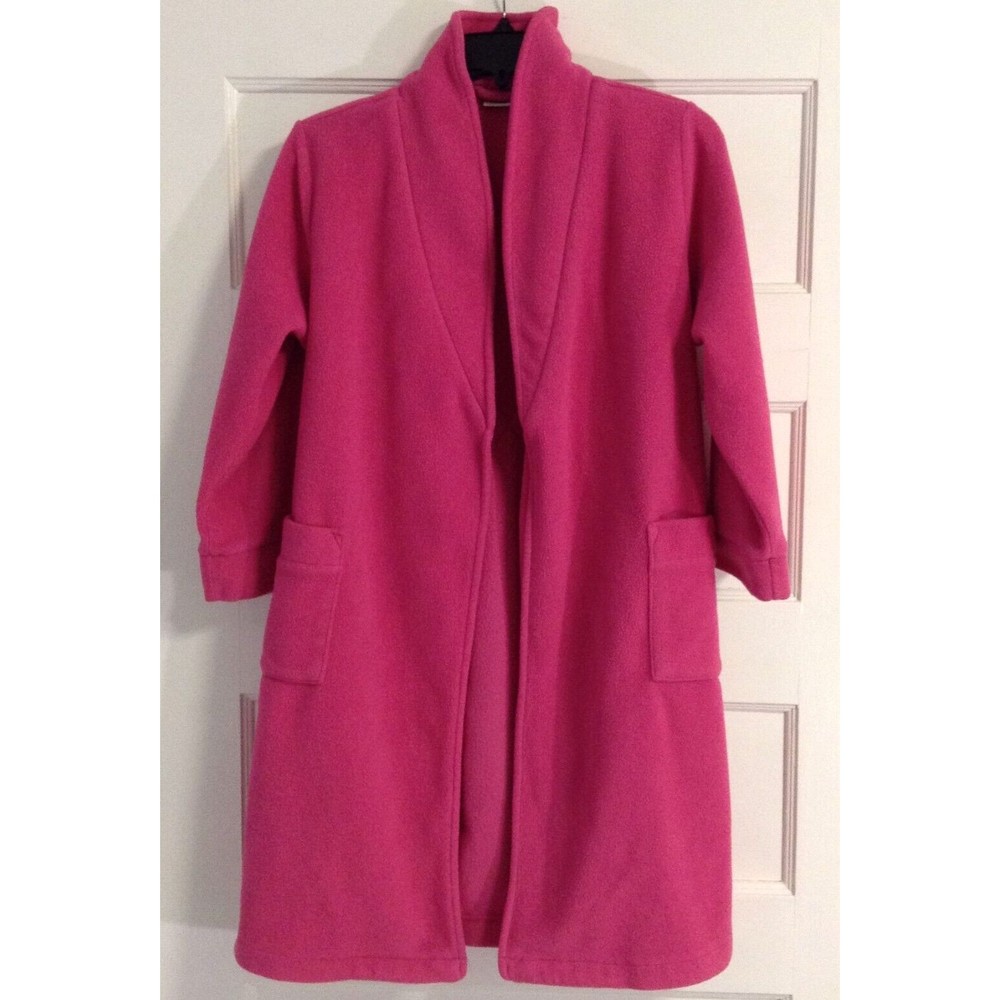 Vtg LL Bean Robe Girls 8 Pink Fleece Mid Length Pocket Belt Cozy Bath Barbiecore